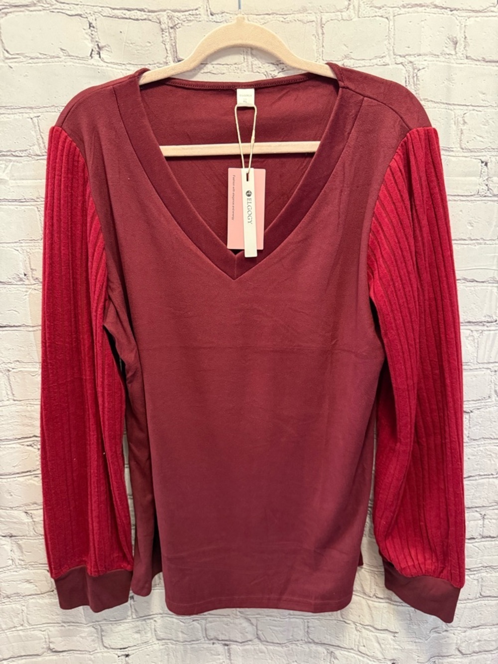 V-Neck Long Sleeve Top with Ribbed Sleeves in Wine Red